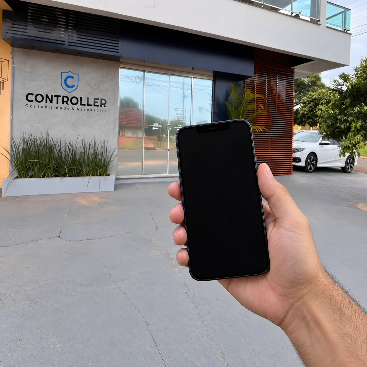 Mão segurando um celular em frente à fachada da Controller Contabilidade, em Ivaté, com os depoimentos no Instagram